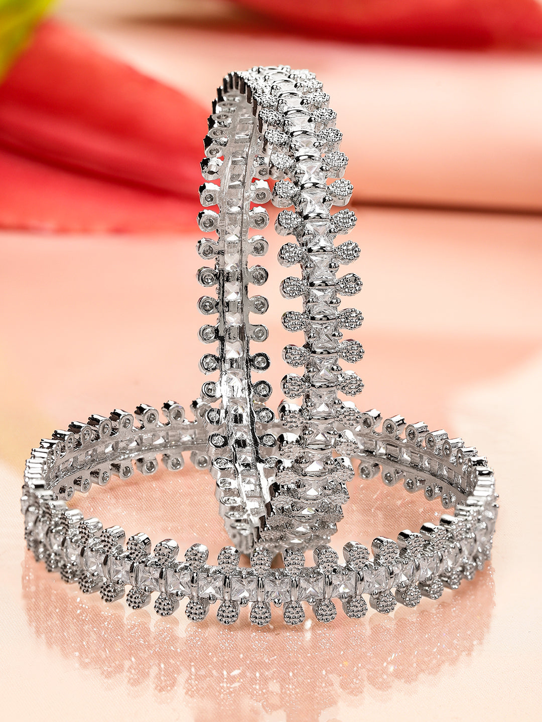 Rubans Set of 2 Rhodium-Plated White Cubic Zirconia Studded Handcrafted Luxe Bangles for Women 2.4 - Small