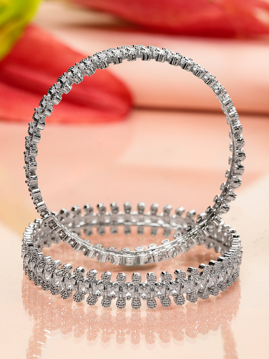 Rubans Set of 2 Rhodium-Plated White Cubic Zirconia Studded Handcrafted Luxe Bangles for Women 2.4 - Small