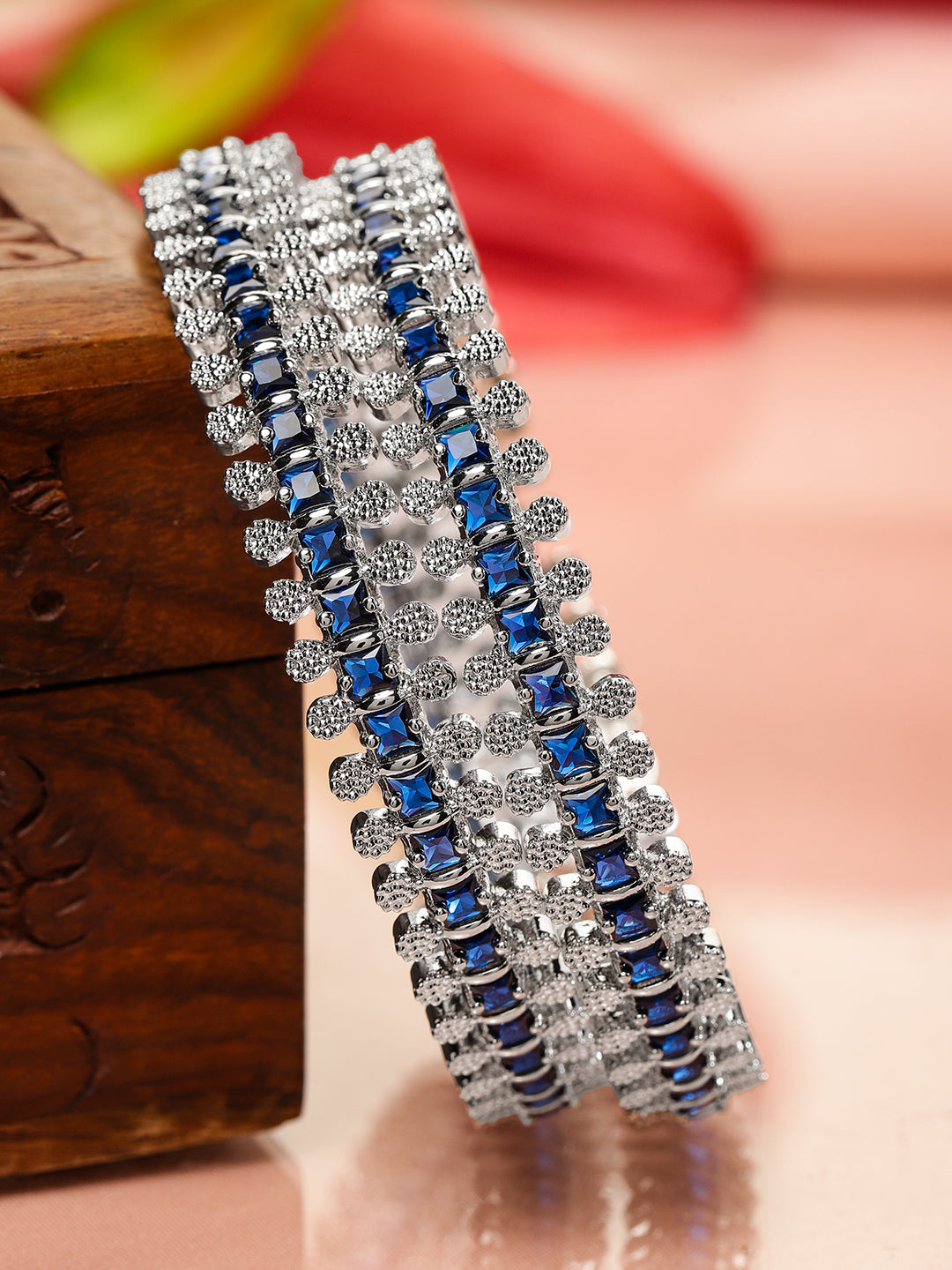 Rubans Set of 2 Rhodium-Plated Blue & White Cubic Zirconia Studded Handcrafted Luxe Bangles for Women 2.8 - Large