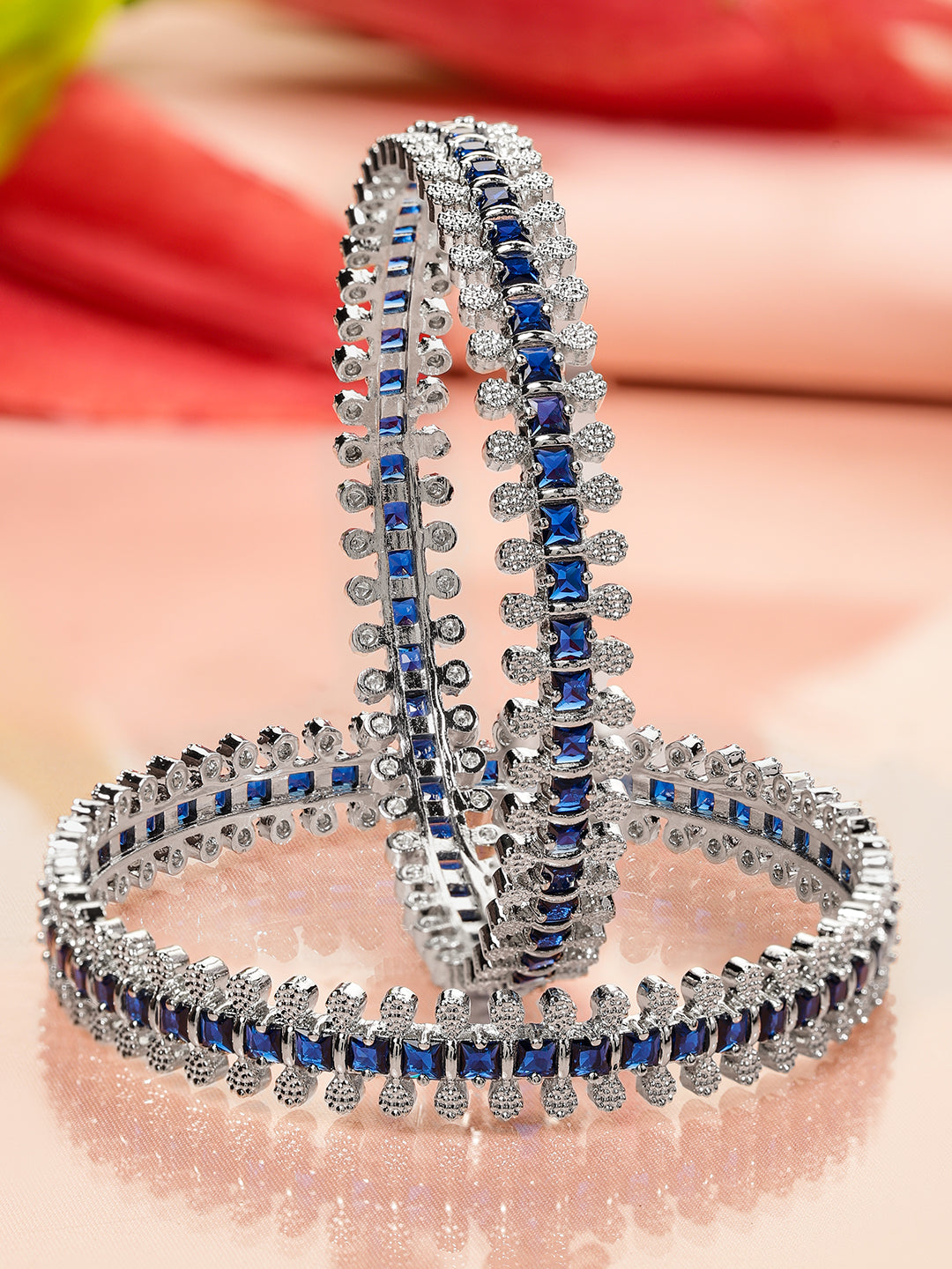 Rubans Set of 2 Rhodium-Plated Blue & White Cubic Zirconia Studded Handcrafted Luxe Bangles for Women 2.4 - Small