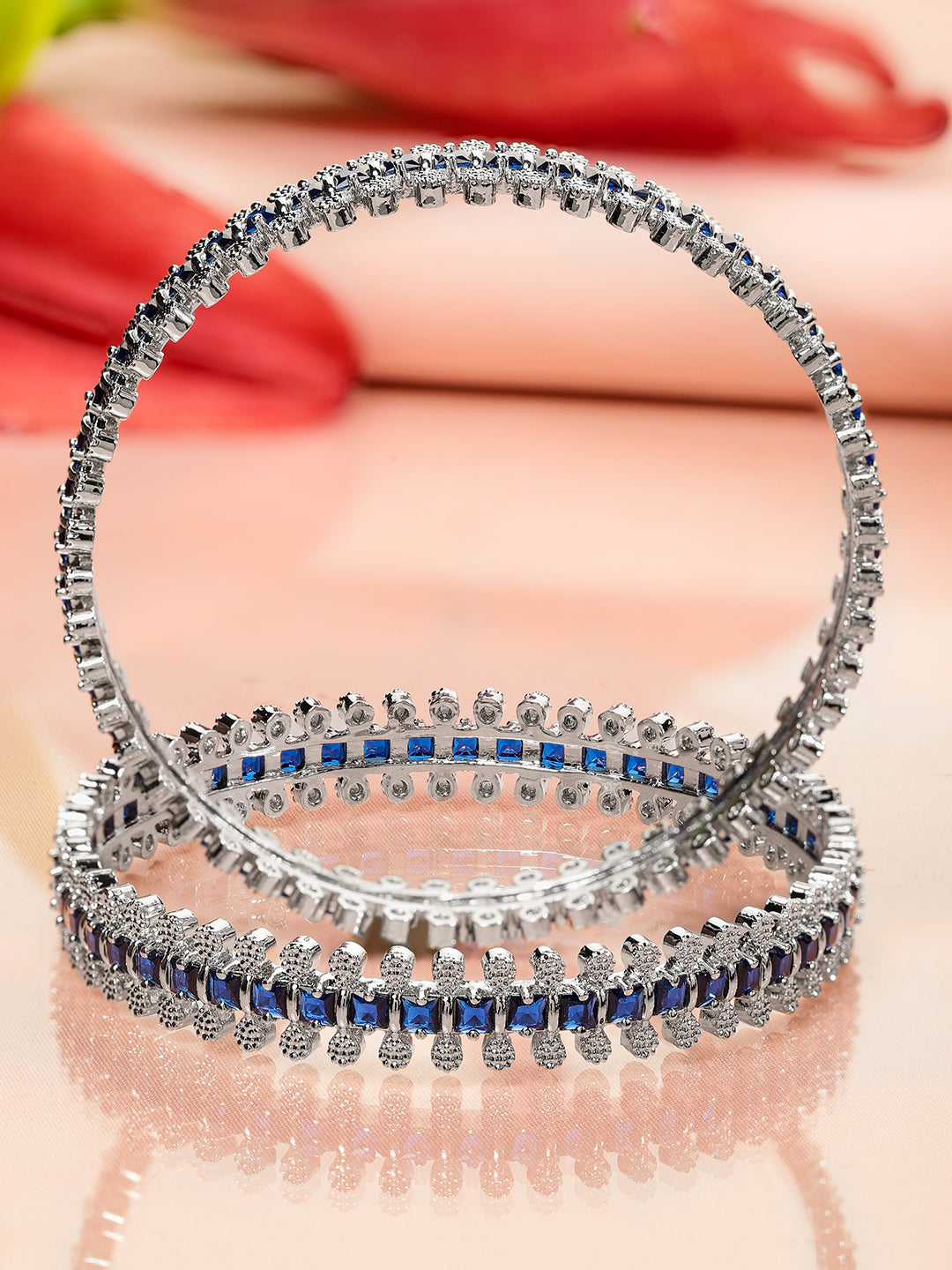 Rubans Set of 2 Rhodium-Plated Blue & White Cubic Zirconia Studded Handcrafted Luxe Bangles for Women 2.4 - Small