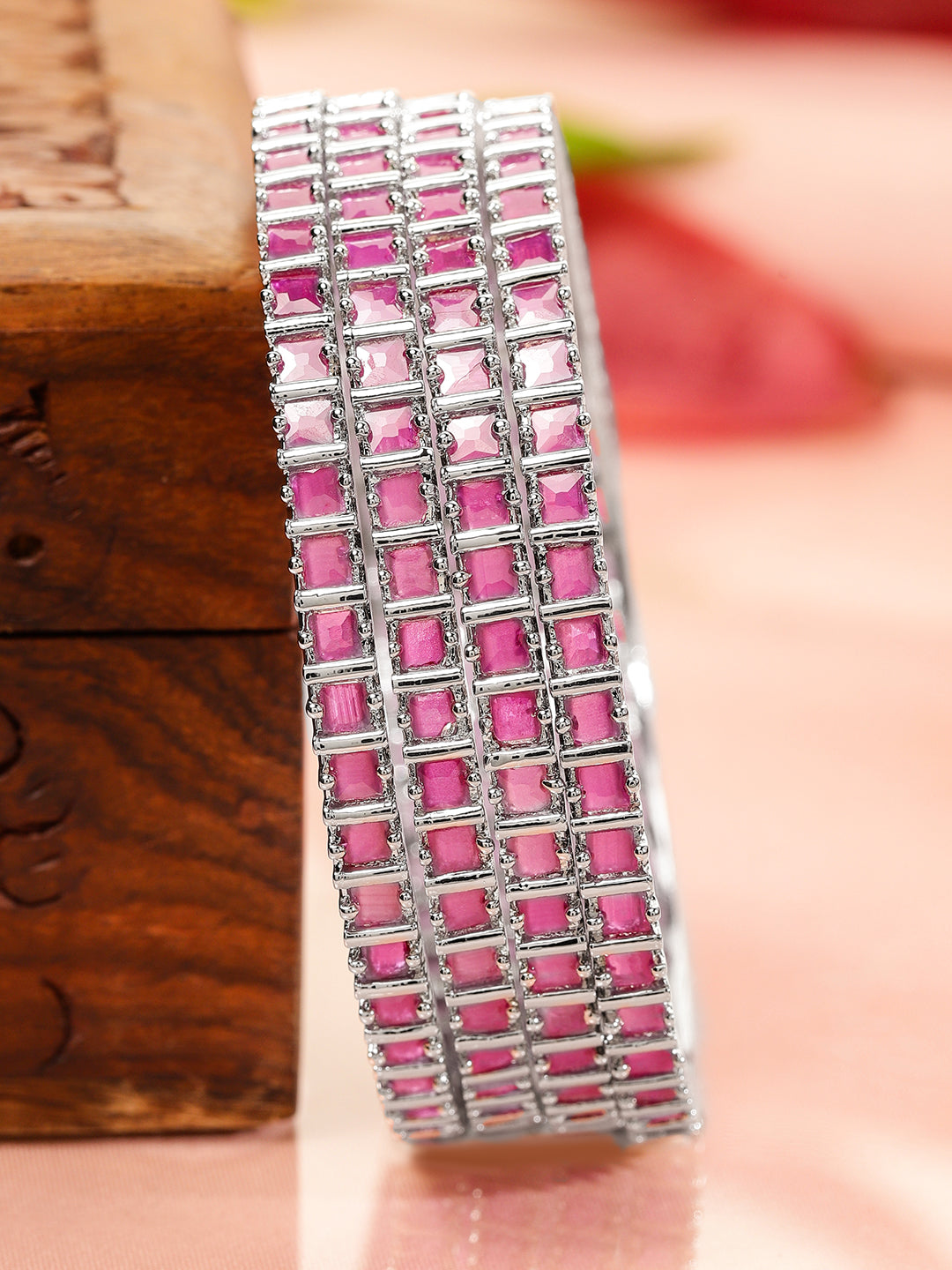 Rubans Set of 4 Rhodium-Plated Ruby Pink Cubic Zirconia Studded Handcrafted Premium Bangles for Women 2.4 - Small