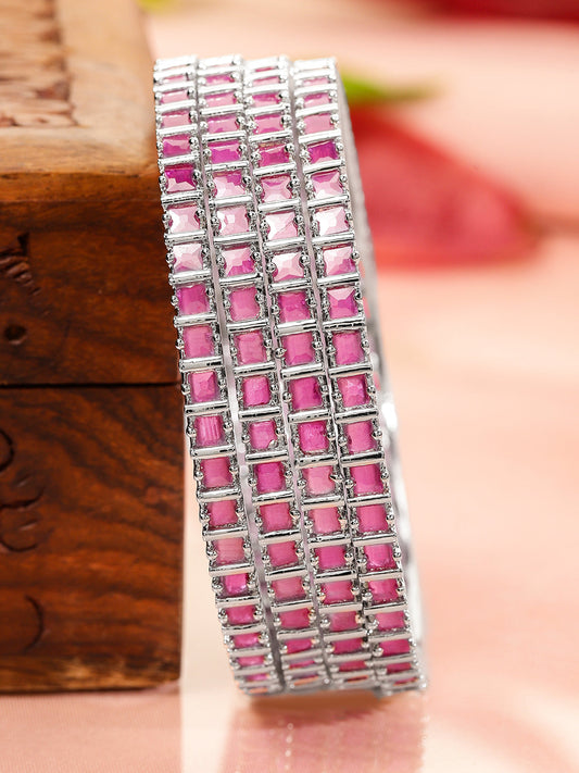 Rubans Set of 4 Rhodium-Plated Ruby Pink Cubic Zirconia Studded Handcrafted Premium Bangles for Women 2.4 - Small