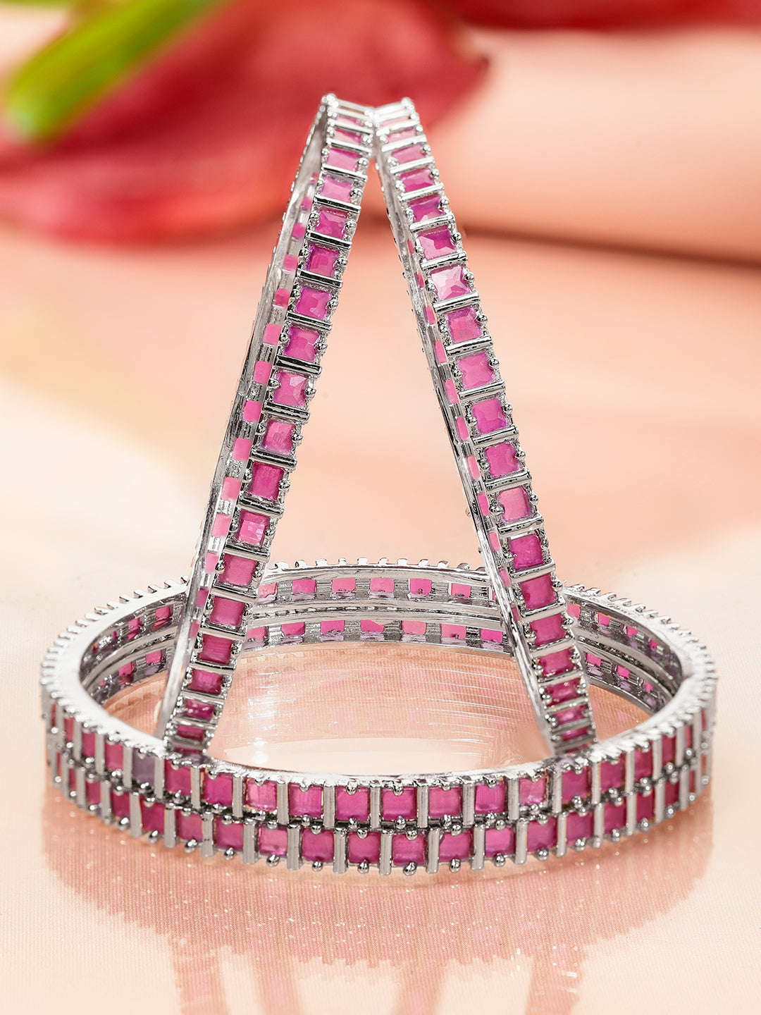 Rubans Set of 4 Rhodium-Plated Ruby Pink Cubic Zirconia Studded Handcrafted Premium Bangles for Women 2.4 - Small