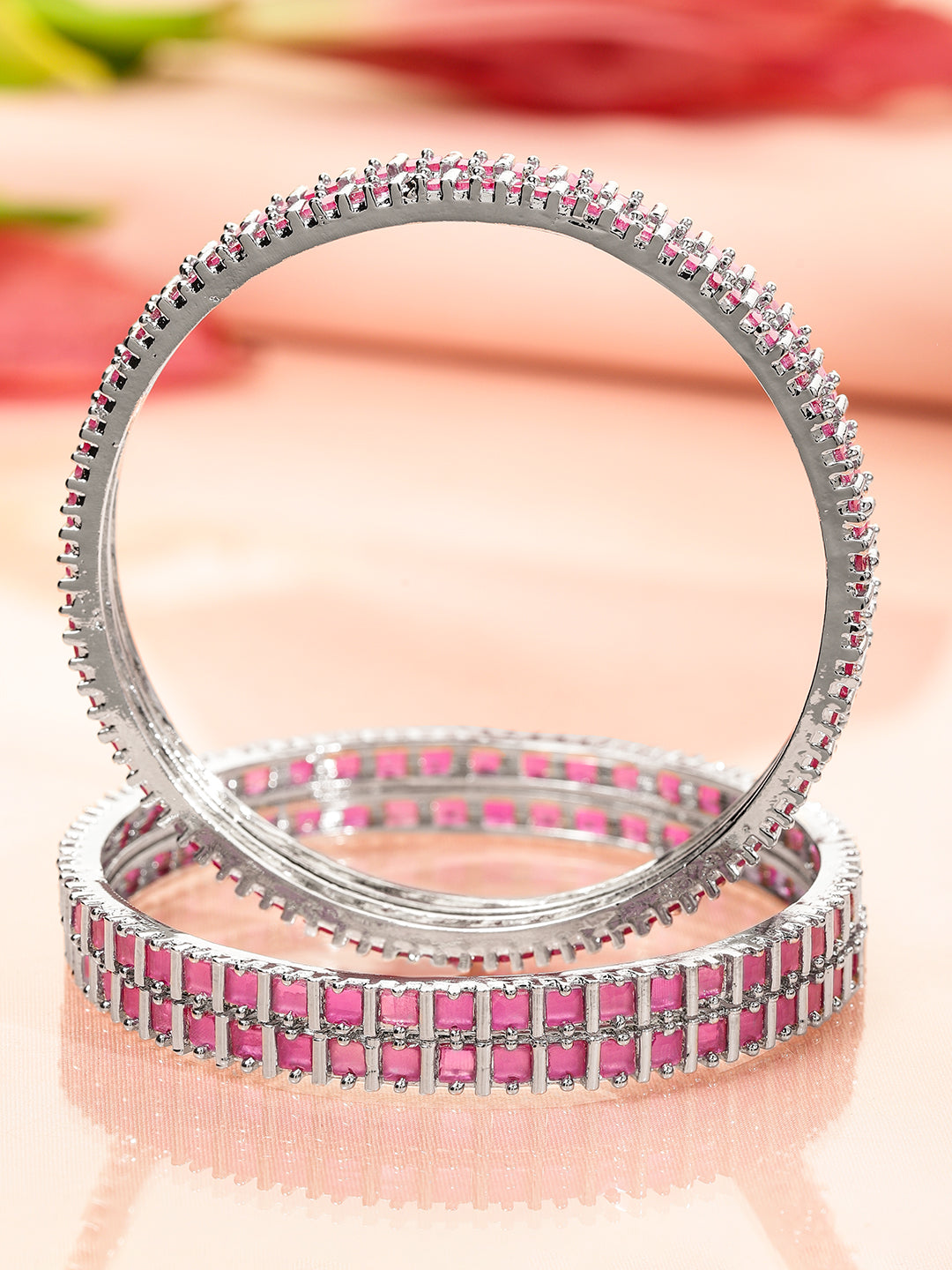 Rubans Set of 4 Rhodium-Plated Ruby Pink Cubic Zirconia Studded Handcrafted Premium Bangles for Women 2.6 - Medium
