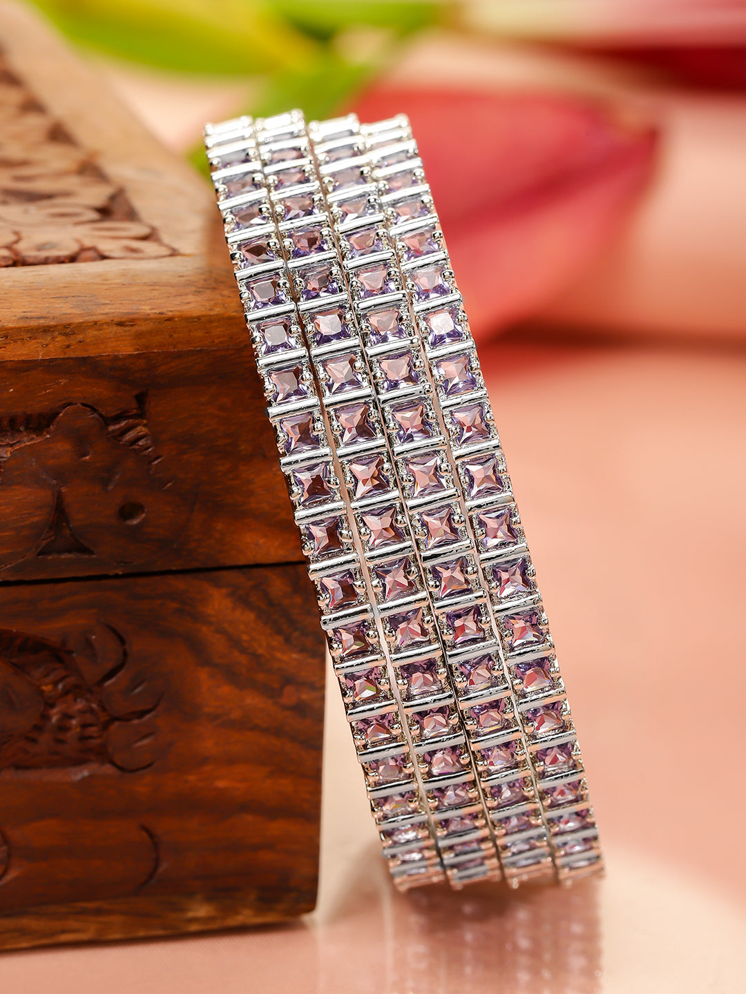 Rubans Set of 4 Rhodium-Plated Lavender Cubic Zirconia Studded Handcrafted Premium Bangles 2.4 - Small