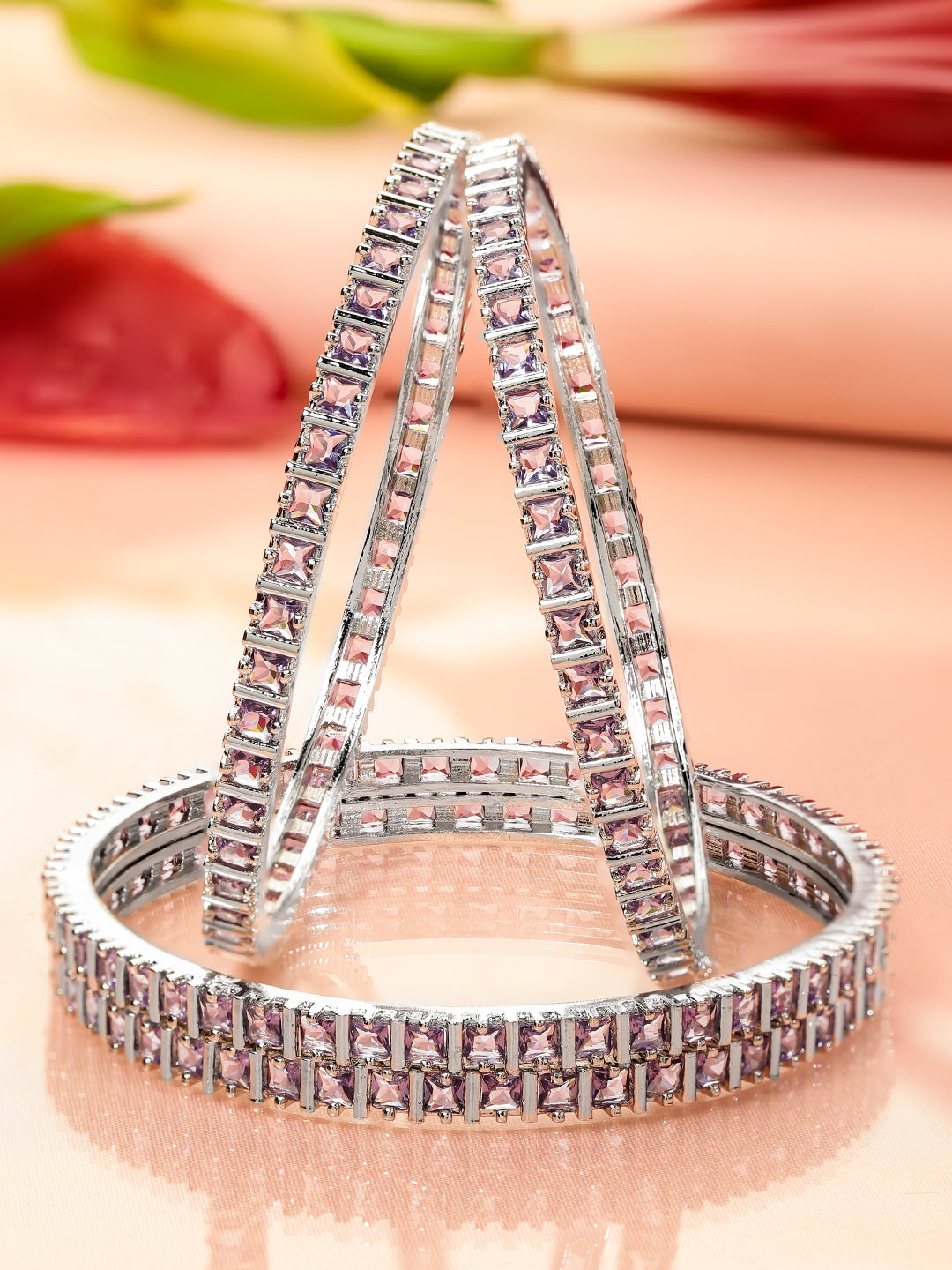 Rubans Set of 4 Rhodium-Plated Lavender Cubic Zirconia Studded Handcrafted Premium Bangles 2.4 - Small