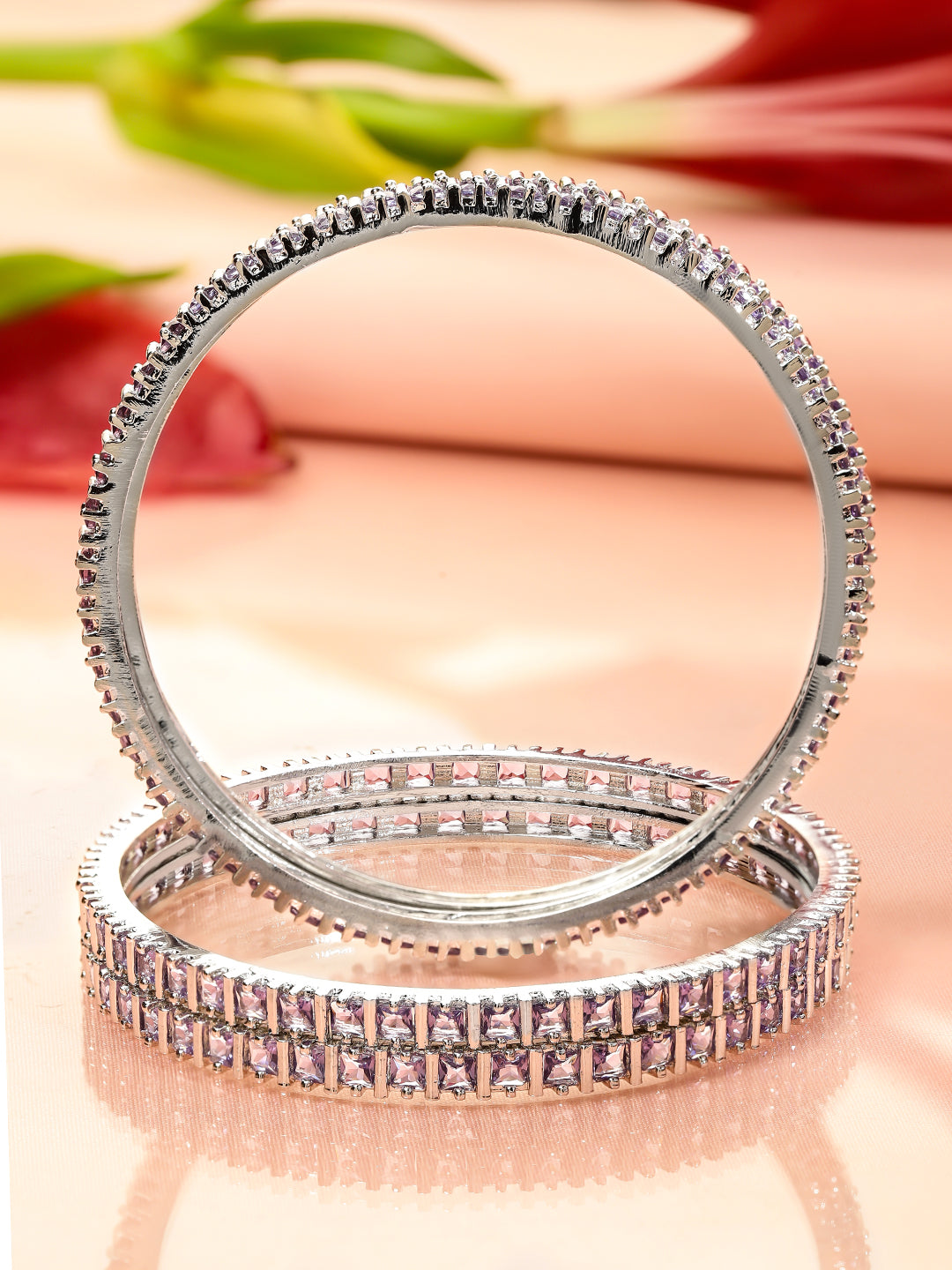 Rubans Set of 4 Rhodium-Plated Lavender Cubic Zirconia Studded Handcrafted Premium Bangles 2.4 - Small