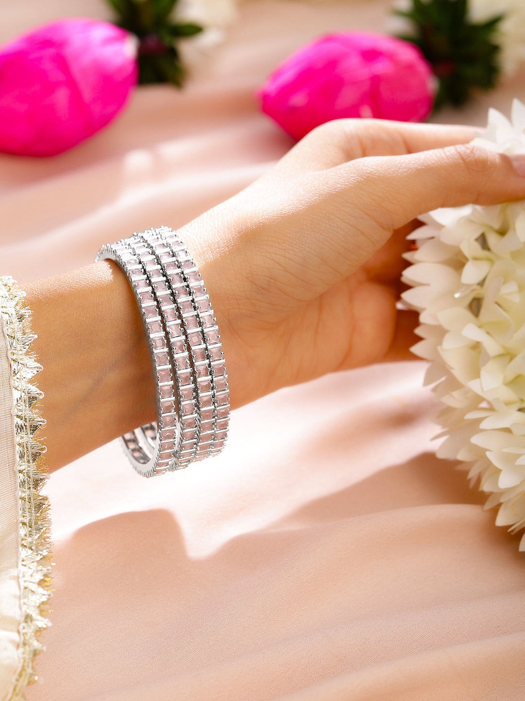 Rubans Set of 4 Rhodium-Plated Pastel Pink Cubic Zirconia Studded Handcrafted Premium Bangles for Women 2.6 - Medium