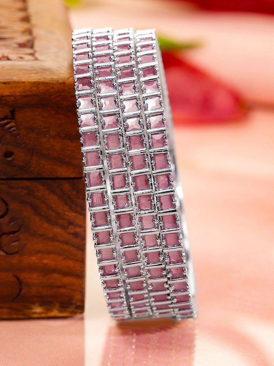 Rubans Set of 4 Rhodium-Plated Pastel Pink Cubic Zirconia Studded Handcrafted Premium Bangles for Women 2.6 - Medium