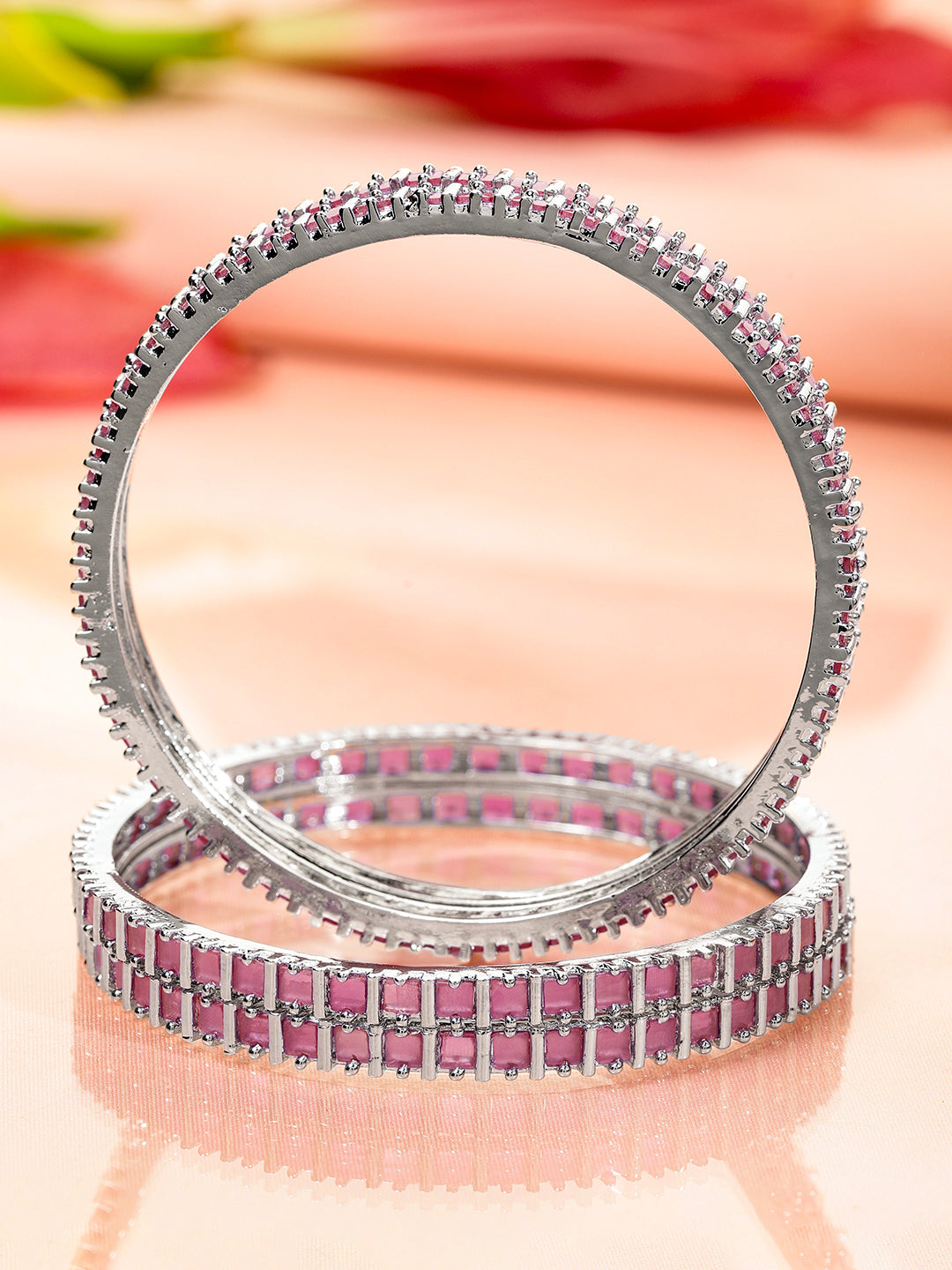 Rubans Set of 4 Rhodium-Plated Pastel Pink Cubic Zirconia Studded Handcrafted Premium Bangles for Women 2.4 - Small