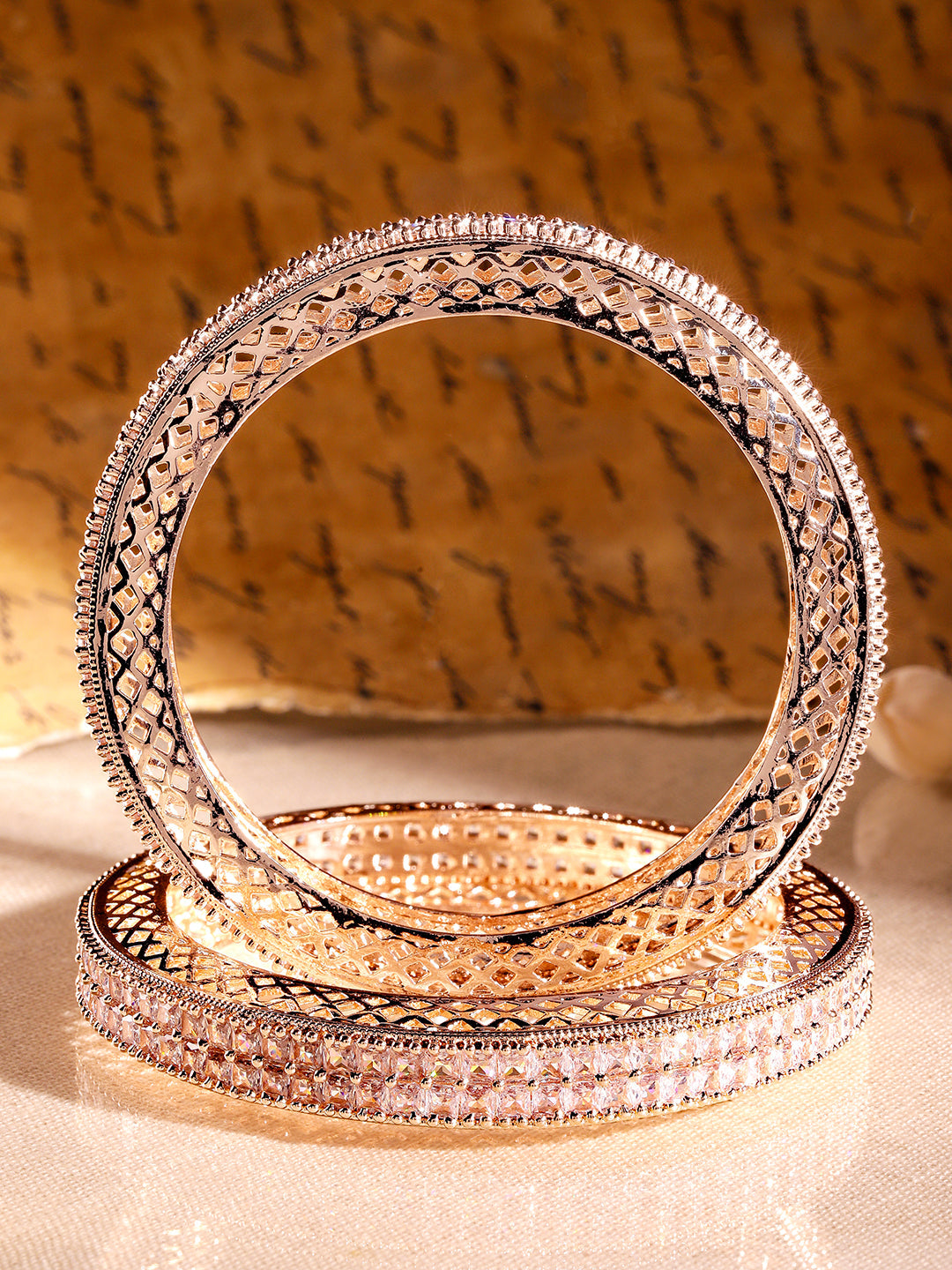 Rubans Set of 2 18K Rose Gold-Plated White Cubic Zirconia Studded Luxe Bangles for Women 2.4 - Small