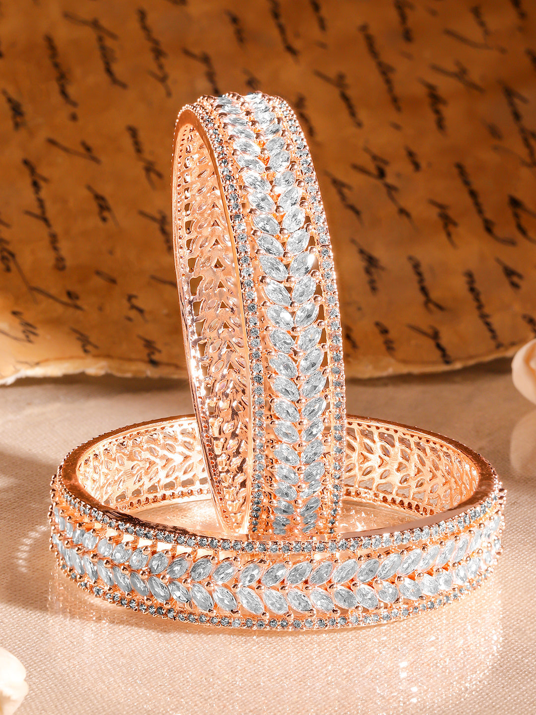 Rubans Set of 2 22K Rose Gold-Plated  White Cubic Zirconia Studded Leaf Motif Handcrafted Premium Bangles 2.8 - Large