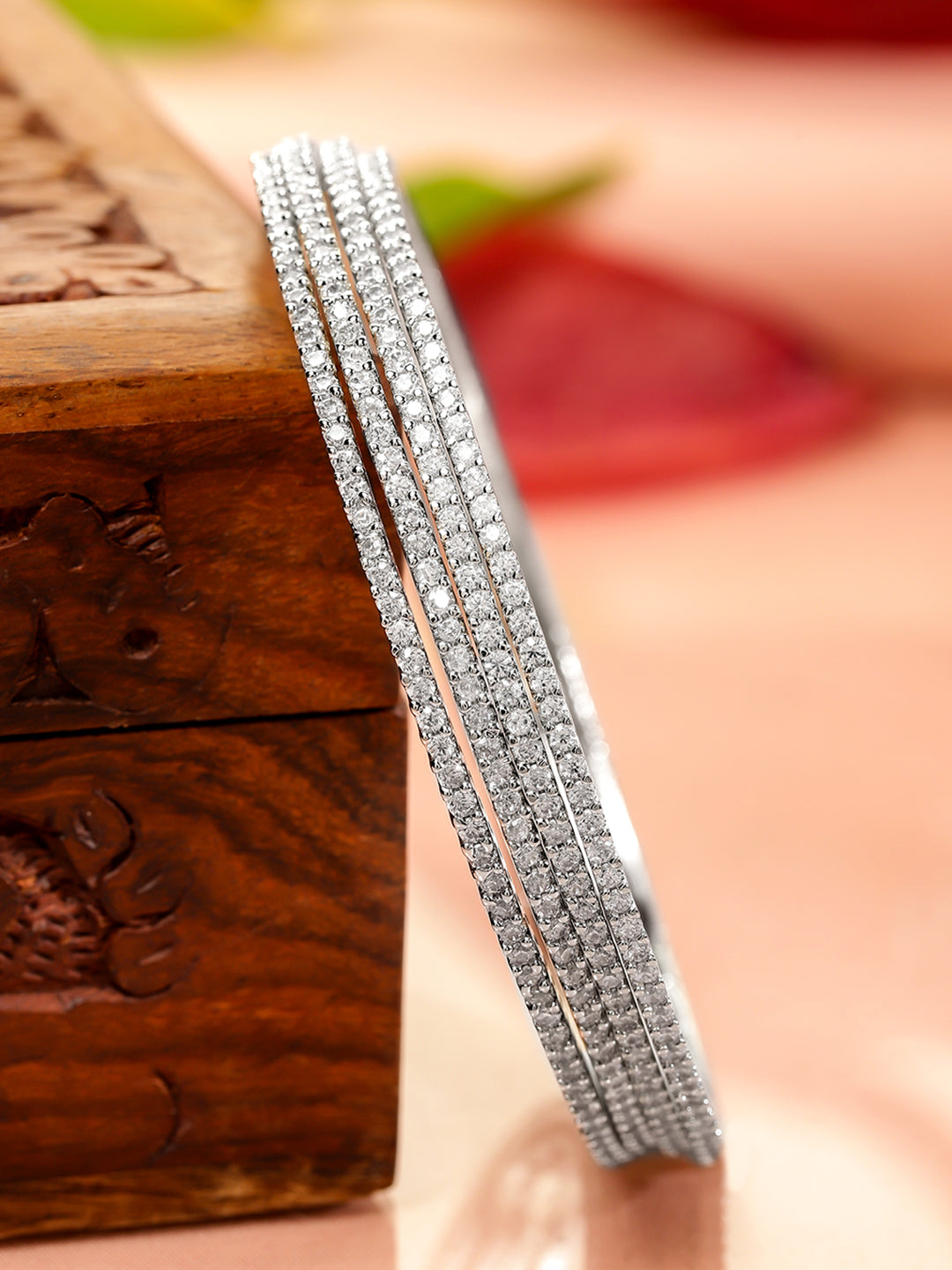 Rubans Set of 4 Rhodium-Plated Sparkling White Cubic Zirconia Stones Handcrafted Premium Bangles 2.4 - Small