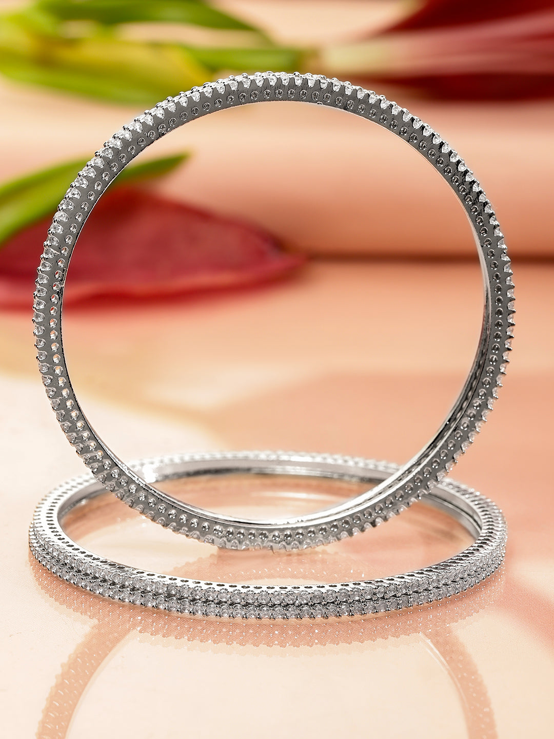 Rubans Set of 4 Rhodium-Plated Sparkling White Cubic Zirconia Stones Handcrafted Premium Bangles 2.4 - Small