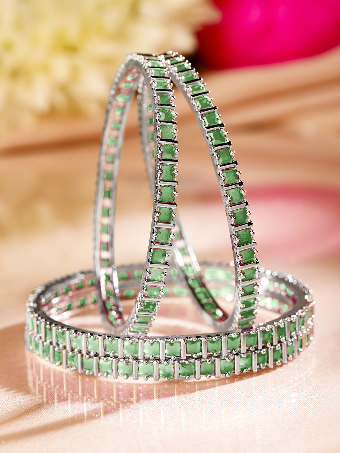 Rubans Set of 4 Rhodium Plated Emerald Green Square-Cut Cubic Zirconia Studded Bangles 2.4 - Small
