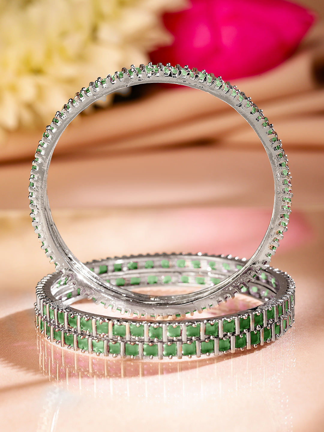 Rubans Set of 4 Rhodium Plated Emerald Green Square-Cut Cubic Zirconia Studded Bangles 2.6 - Medium