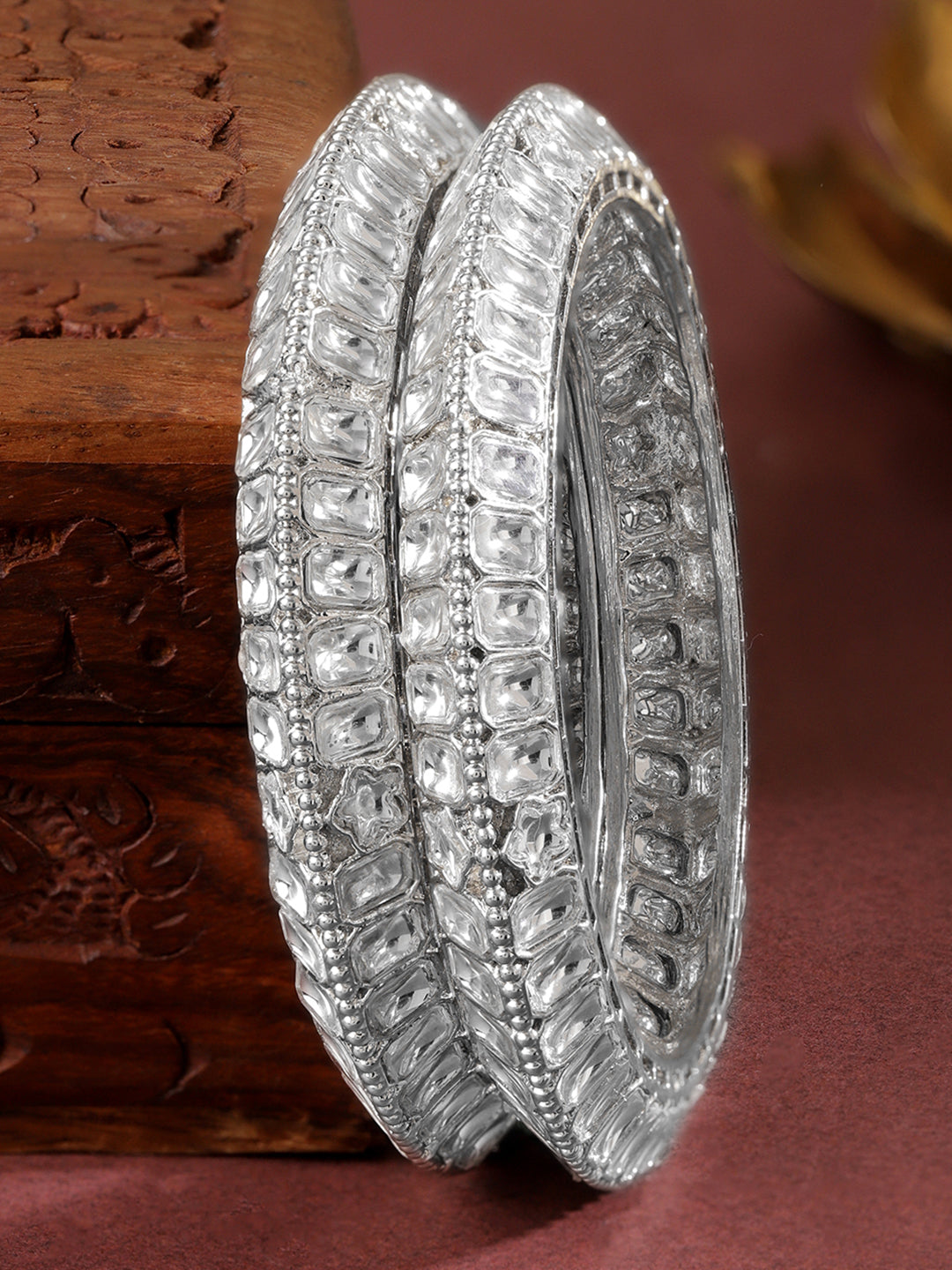 Rubans Set of 2 Silver-Plated White Kundan Studded Broad Traditional Bangles 2.6 - Medium