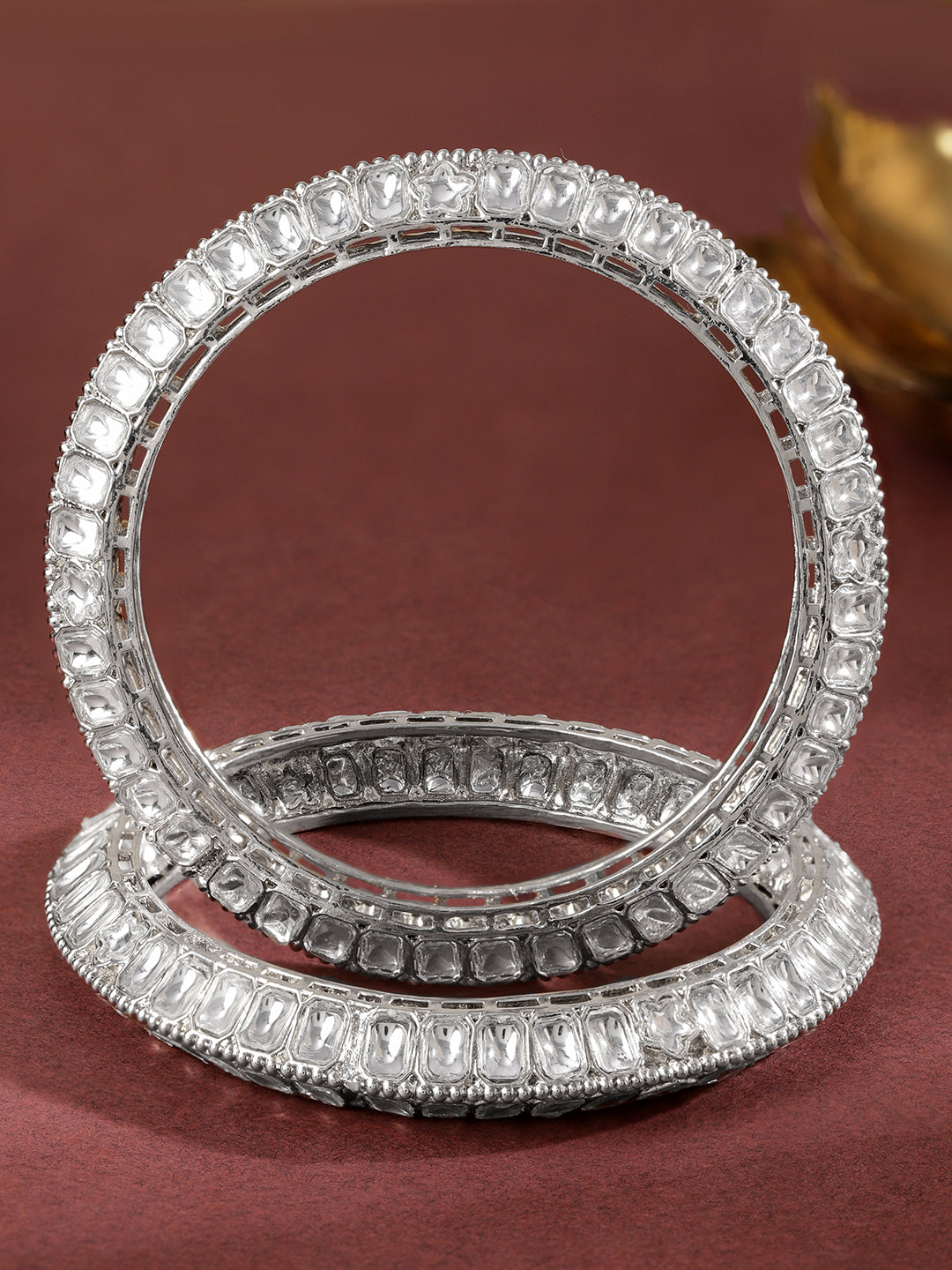 Rubans Set of 2 Silver-Plated White Kundan Studded Broad Traditional Bangles 2.4 - Small