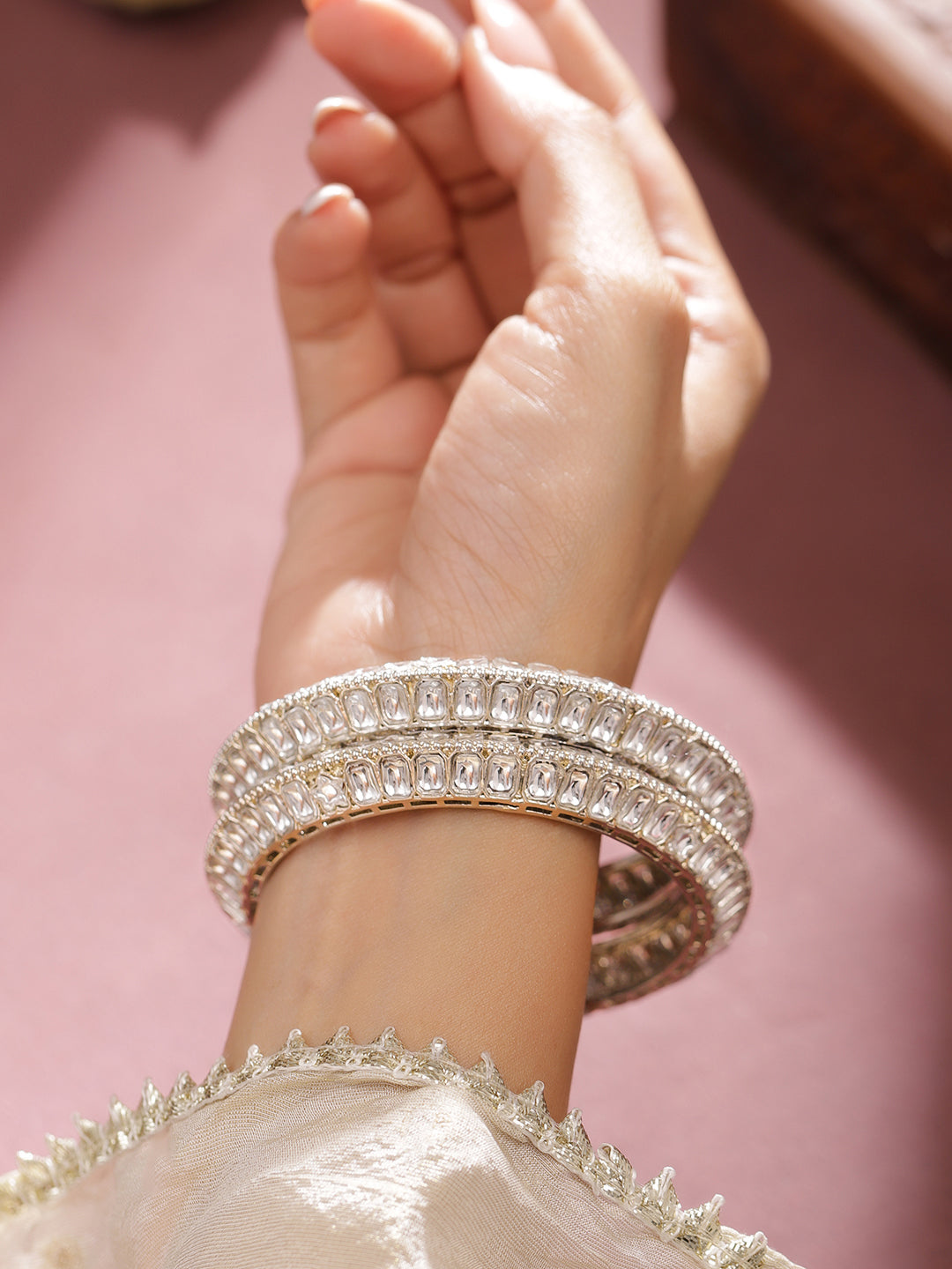 Rubans Set of 2 Silver-Plated White Kundan Studded Broad Traditional Bangles 2.6 - Medium