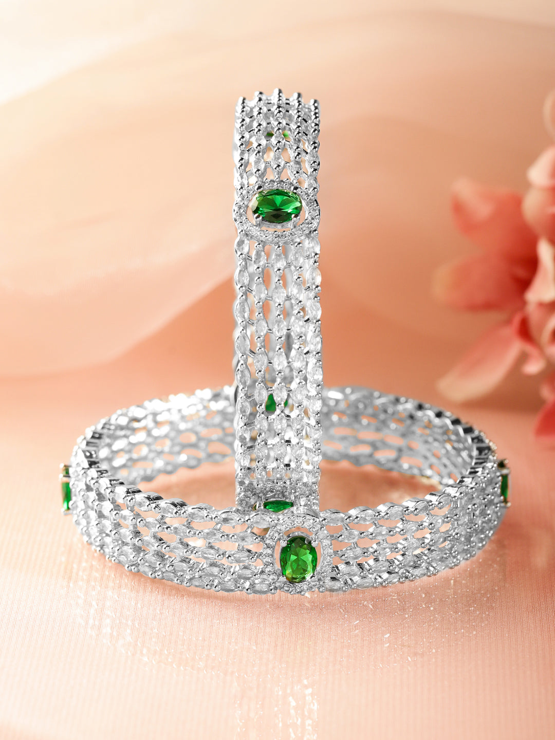 Green American Diamond Zirconia Bangles Set Of 2 2.4 - Small