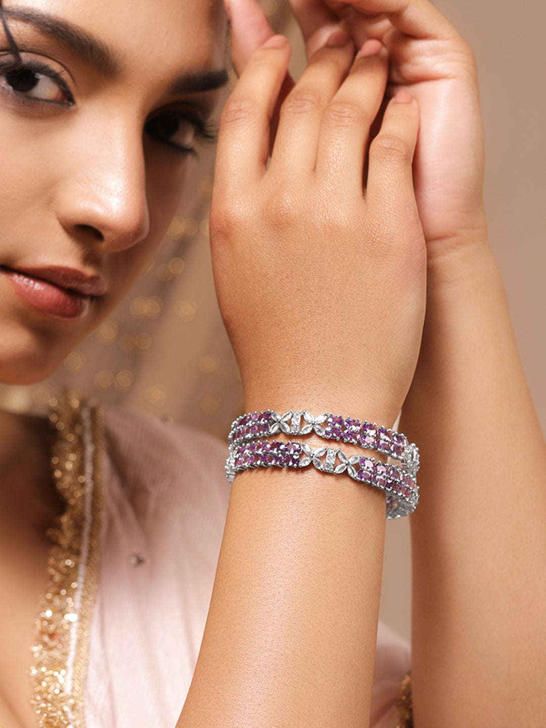 American Diamond Zirconia Purple Bangles Set Of 2 2.4 - Small