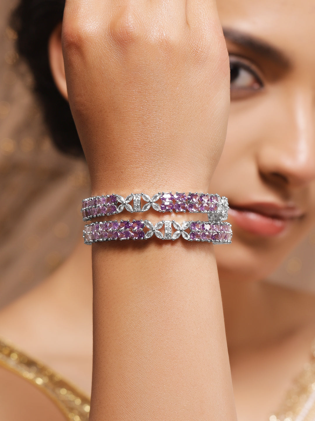 American Diamond Zirconia Purple Bangles Set Of 2 2.6 - Medium