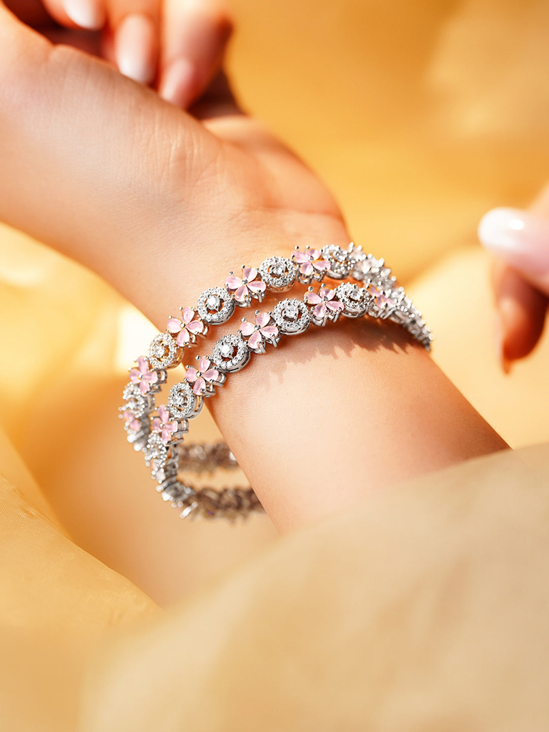Pink American Diamond Floral Cluster Bangles 2.4 - Small