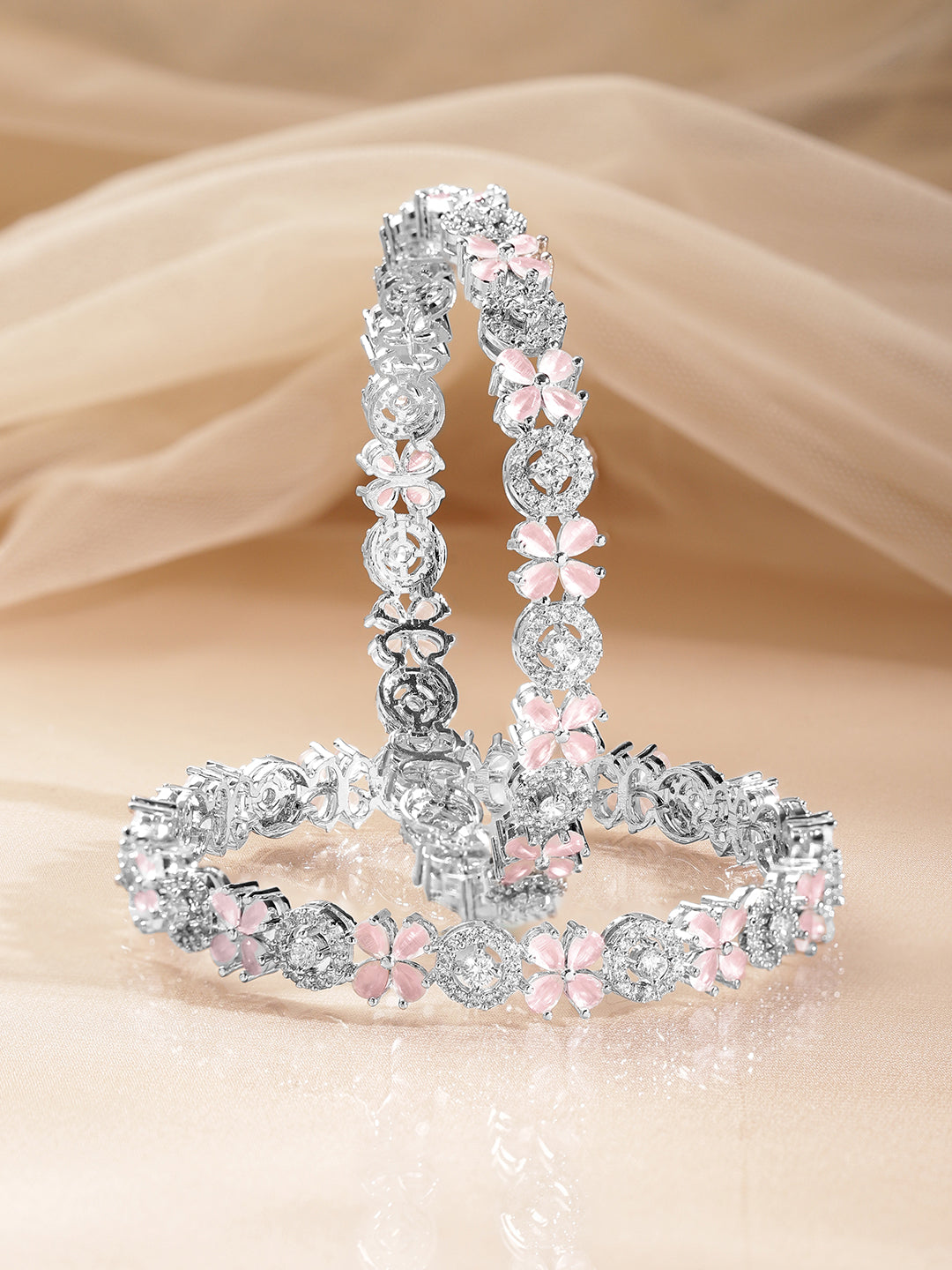 Pink American Diamond Floral Cluster Bangles 2.4 - Small