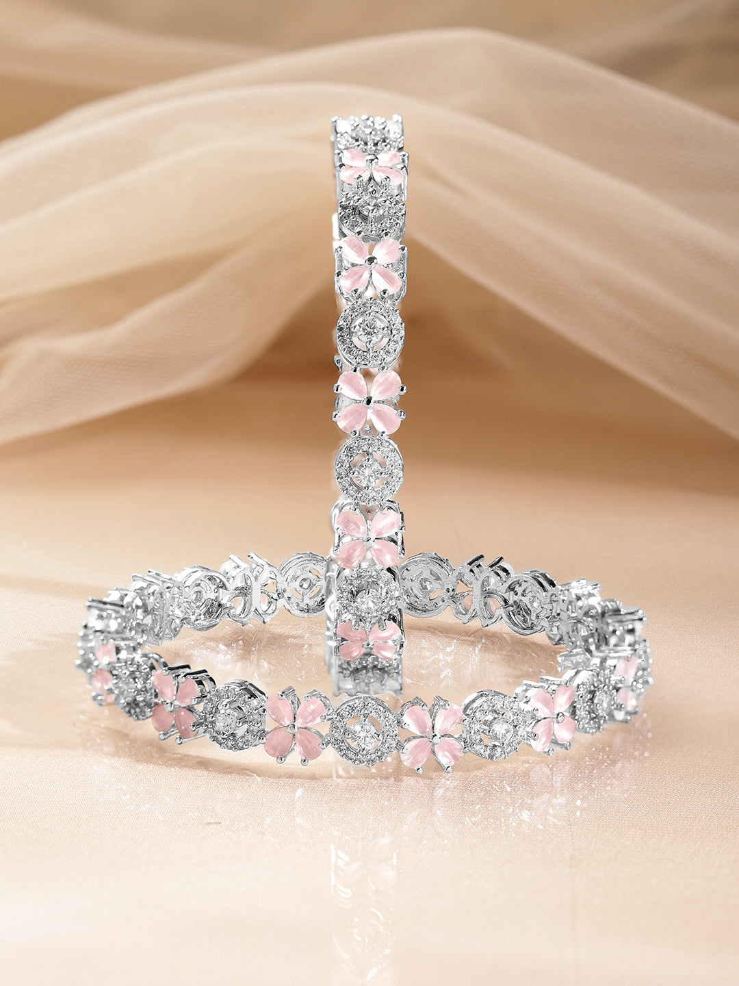Pink American Diamond Floral Cluster Bangles 2.6 - Medium