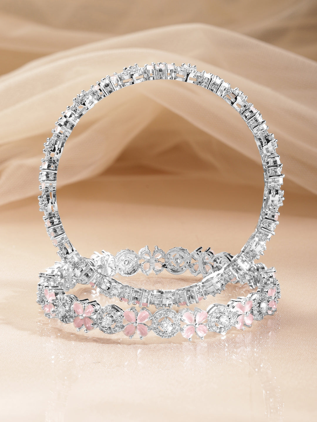 Pink American Diamond Floral Cluster Bangles 2.8 - Large