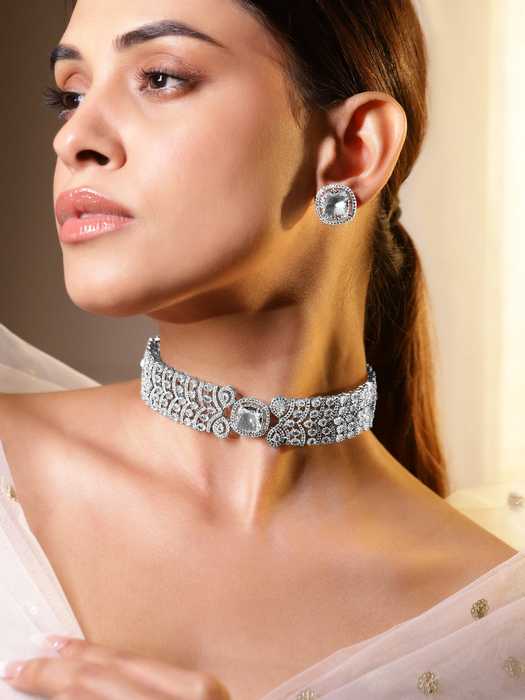American Diamond Zirconia Studded Choker Set Silver