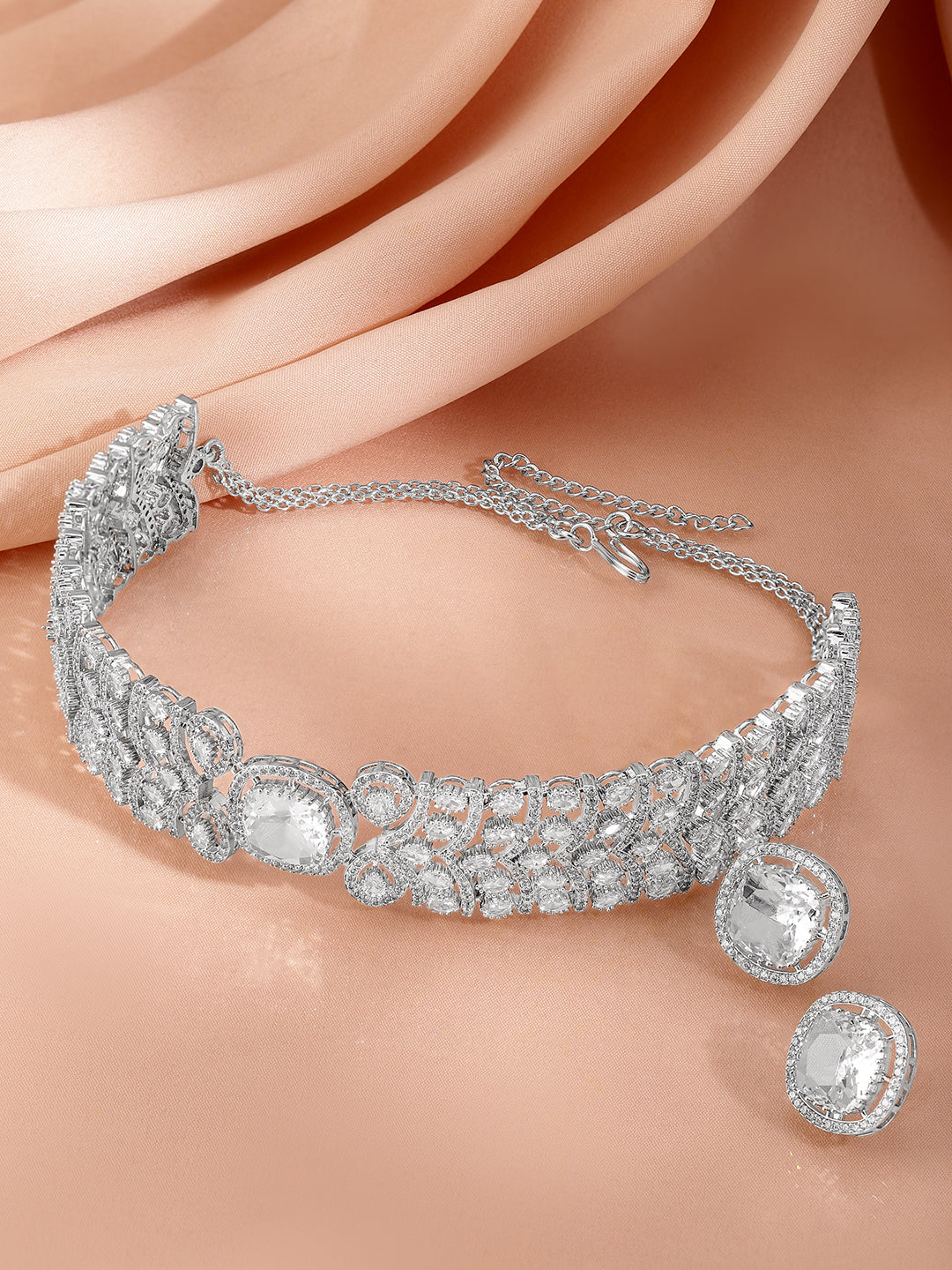 American Diamond Zirconia Studded Choker Set Silver