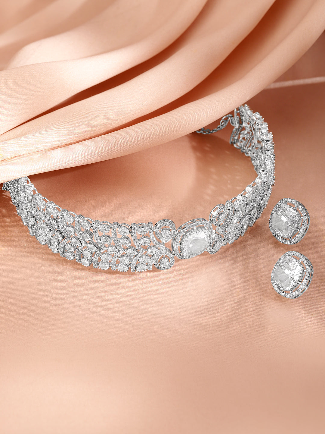 American Diamond Zirconia Studded Choker Set Silver