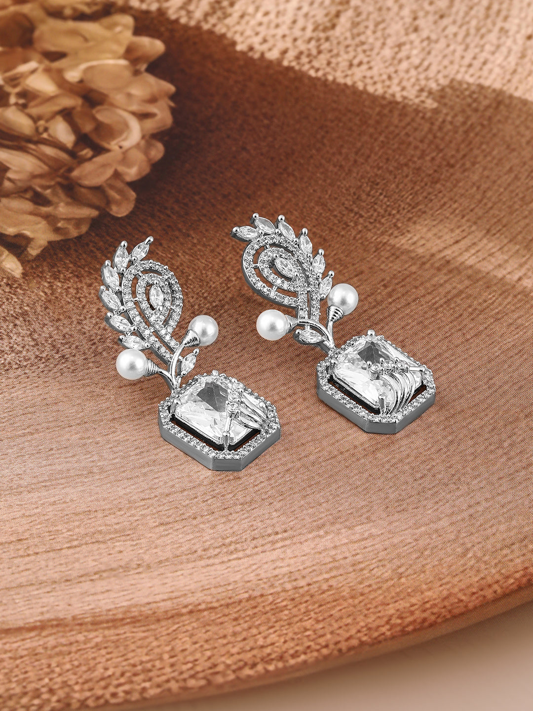 Rubans Rhodium-Plated White AD & Cubic Zirconia Studded Premium Drop Earrings Drop