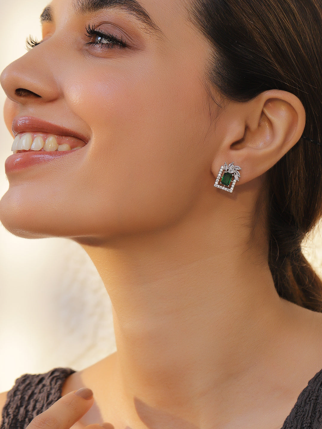 Green Floral Geo Shaped Studs Silver