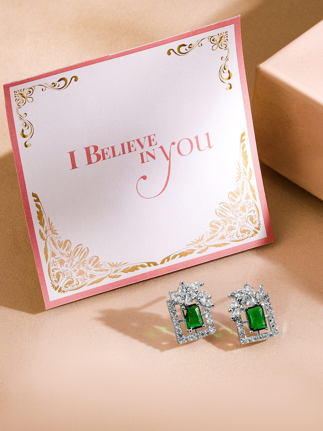 Green Floral Geo Shaped Studs Silver