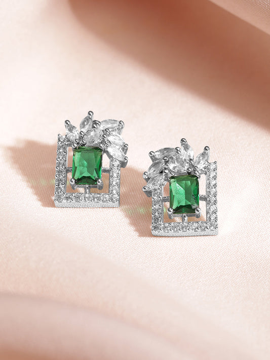 Green Floral Geo Shaped Studs Silver