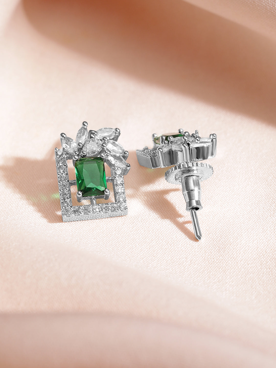 Green Floral Geo Shaped Studs Silver