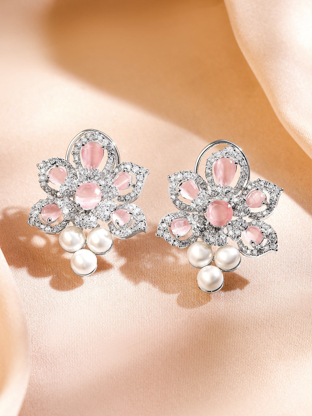 Dreamy Pink American Diamond Zirconia & Pearls Studs フリーサイズ