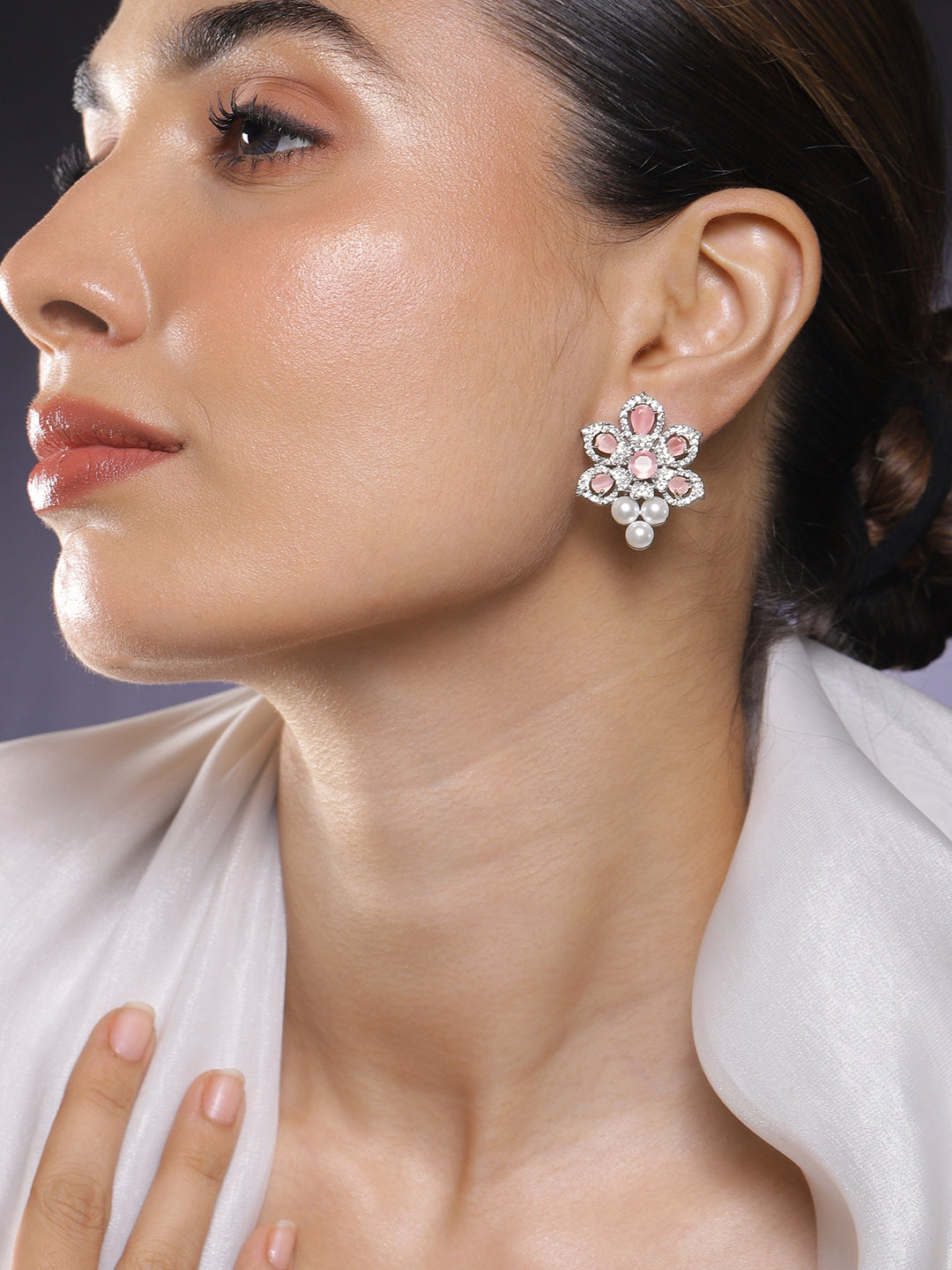 Dreamy Pink American Diamond Zirconia & Pearls Studs フリーサイズ