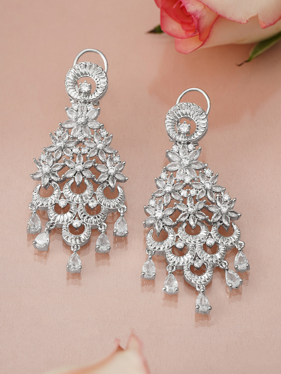 Cascading Floral Rhodium Zirconia Chandelier Earrings フリーサイズ