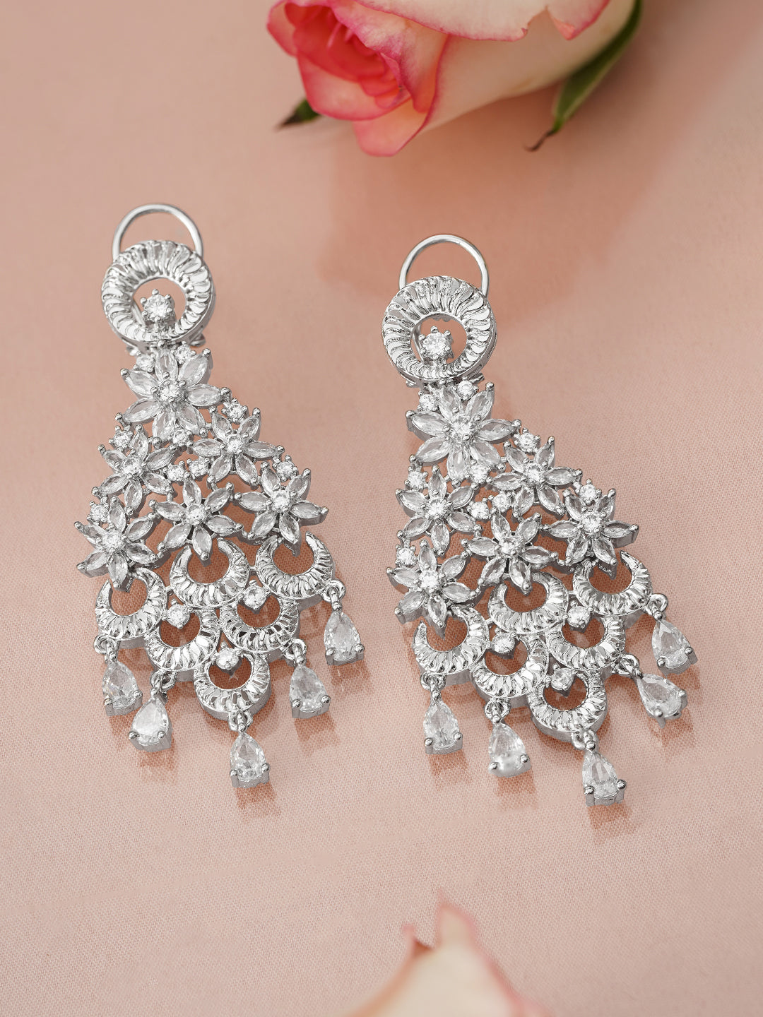 Cascading Floral Rhodium Zirconia Chandelier Earrings フリーサイズ