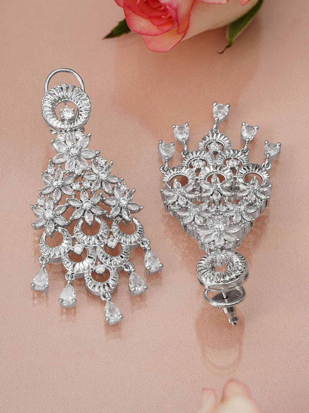 Cascading Floral Rhodium Zirconia Chandelier Earrings フリーサイズ