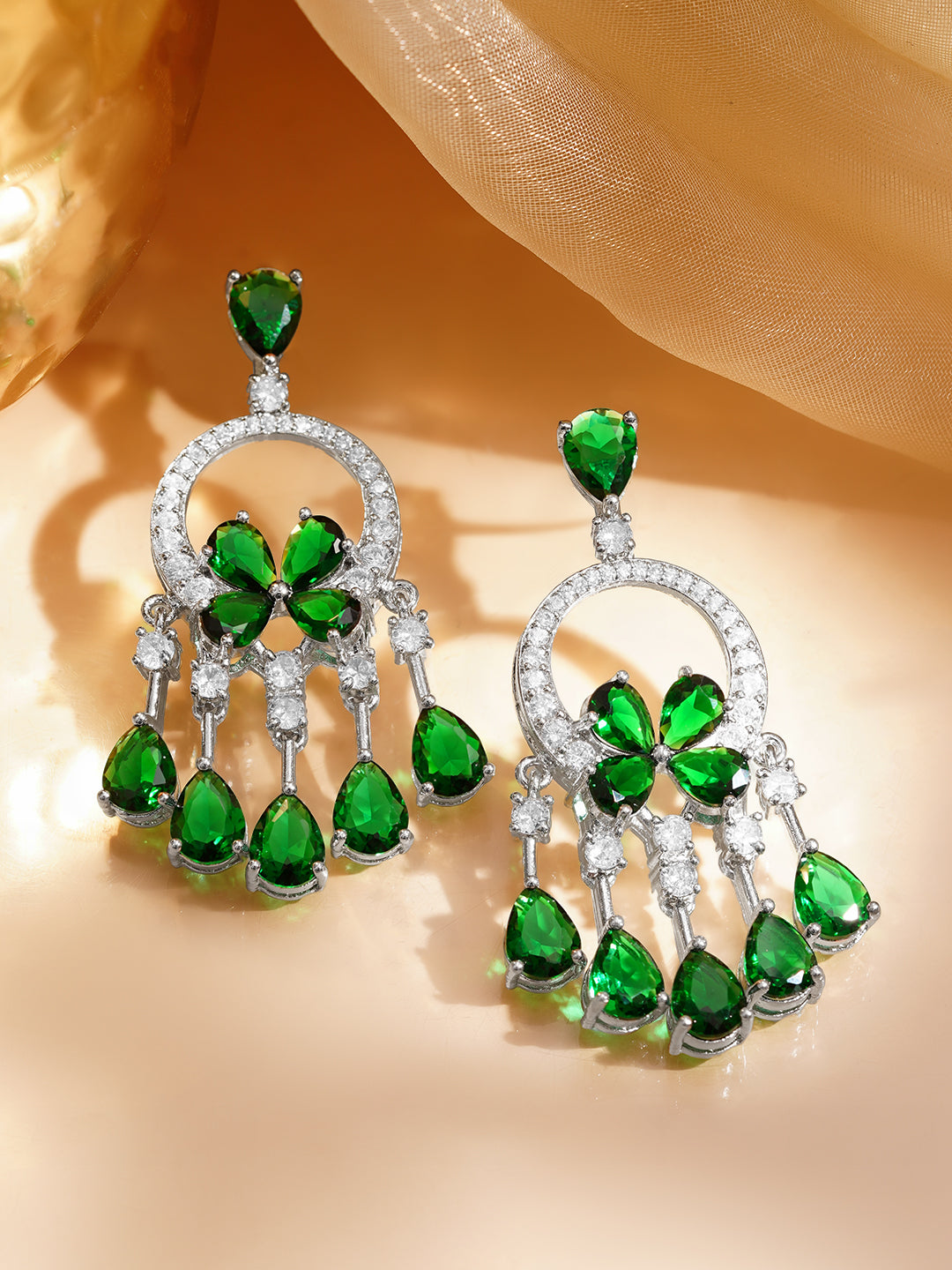Emerald Crystal Cascade Statement Earrings フリーサイズ