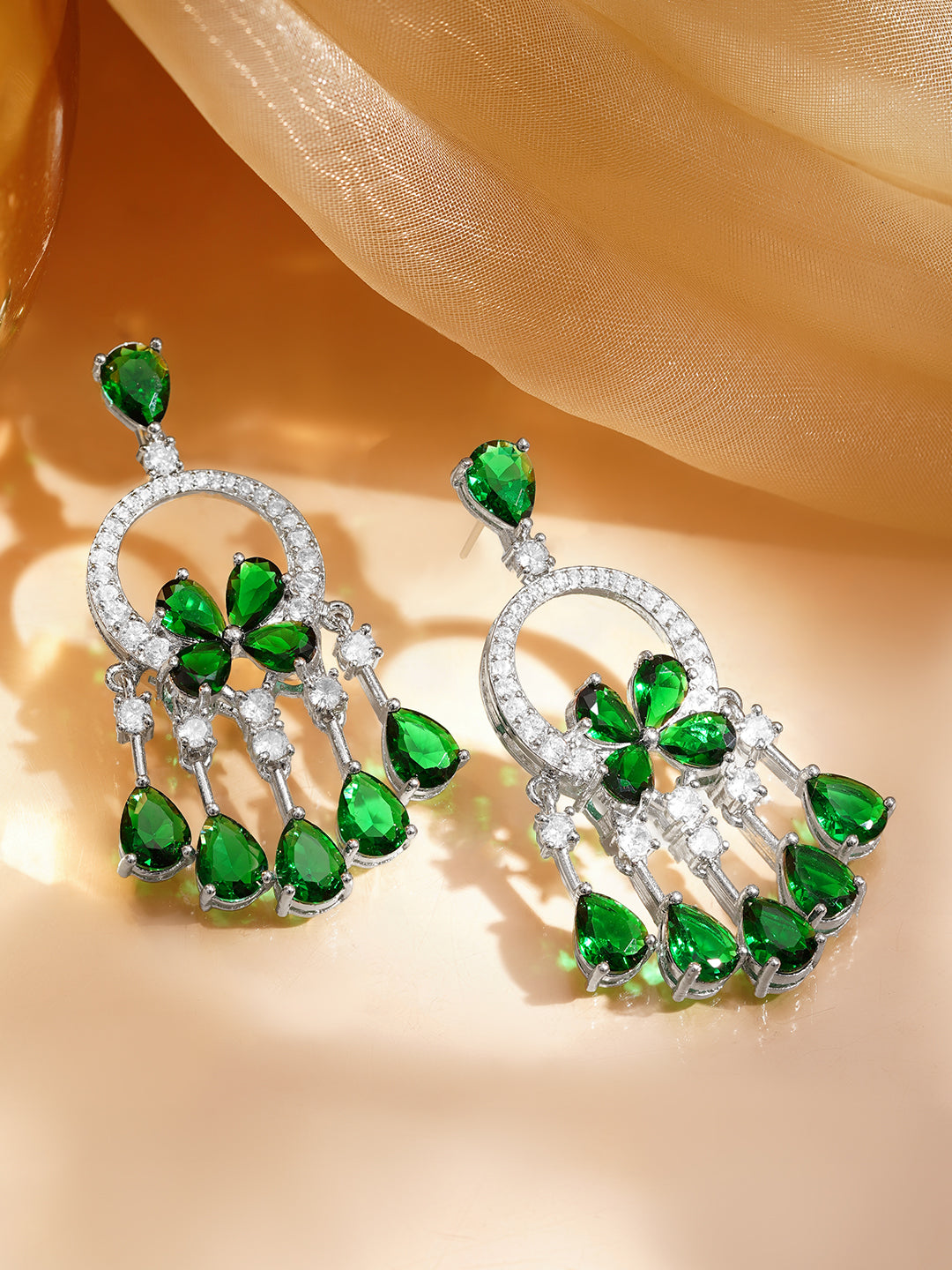 Emerald Crystal Cascade Statement Earrings フリーサイズ