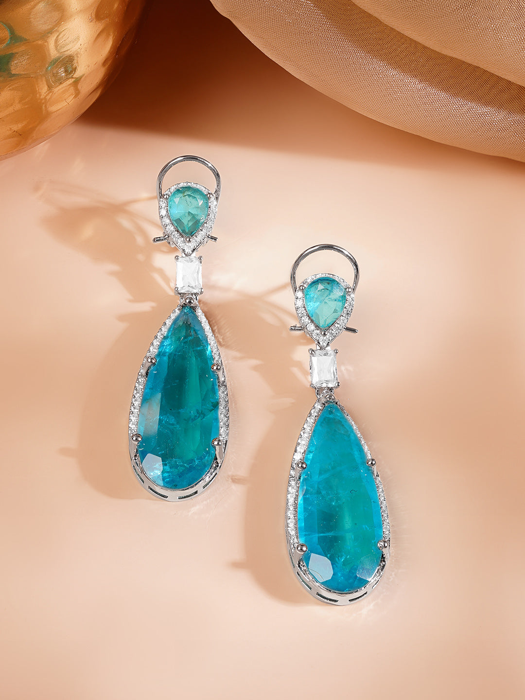 【Rubans】 Rhodium Plated American Diamond Zirconia Blue Tear Drop Earrings｜ロジウムメッキ アメリカンダイヤモンド ブルー ティアドロップ イヤリング