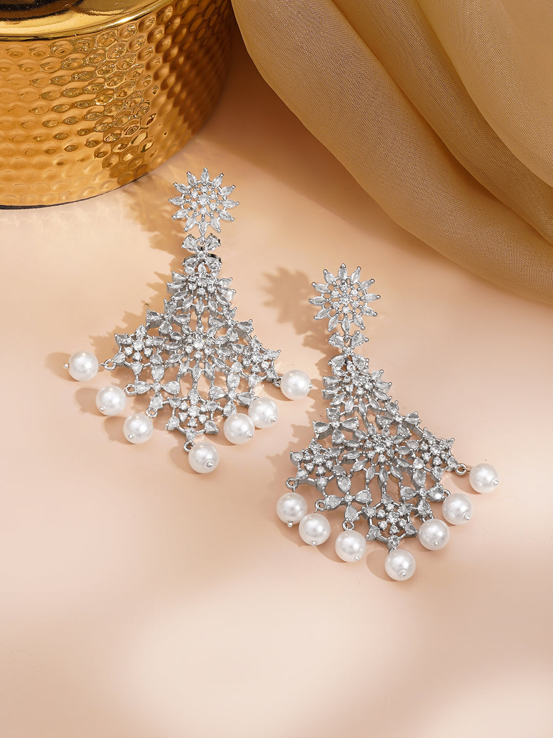 Crystal Bloom Pearl Chandelier Earrings Length - 9 cm