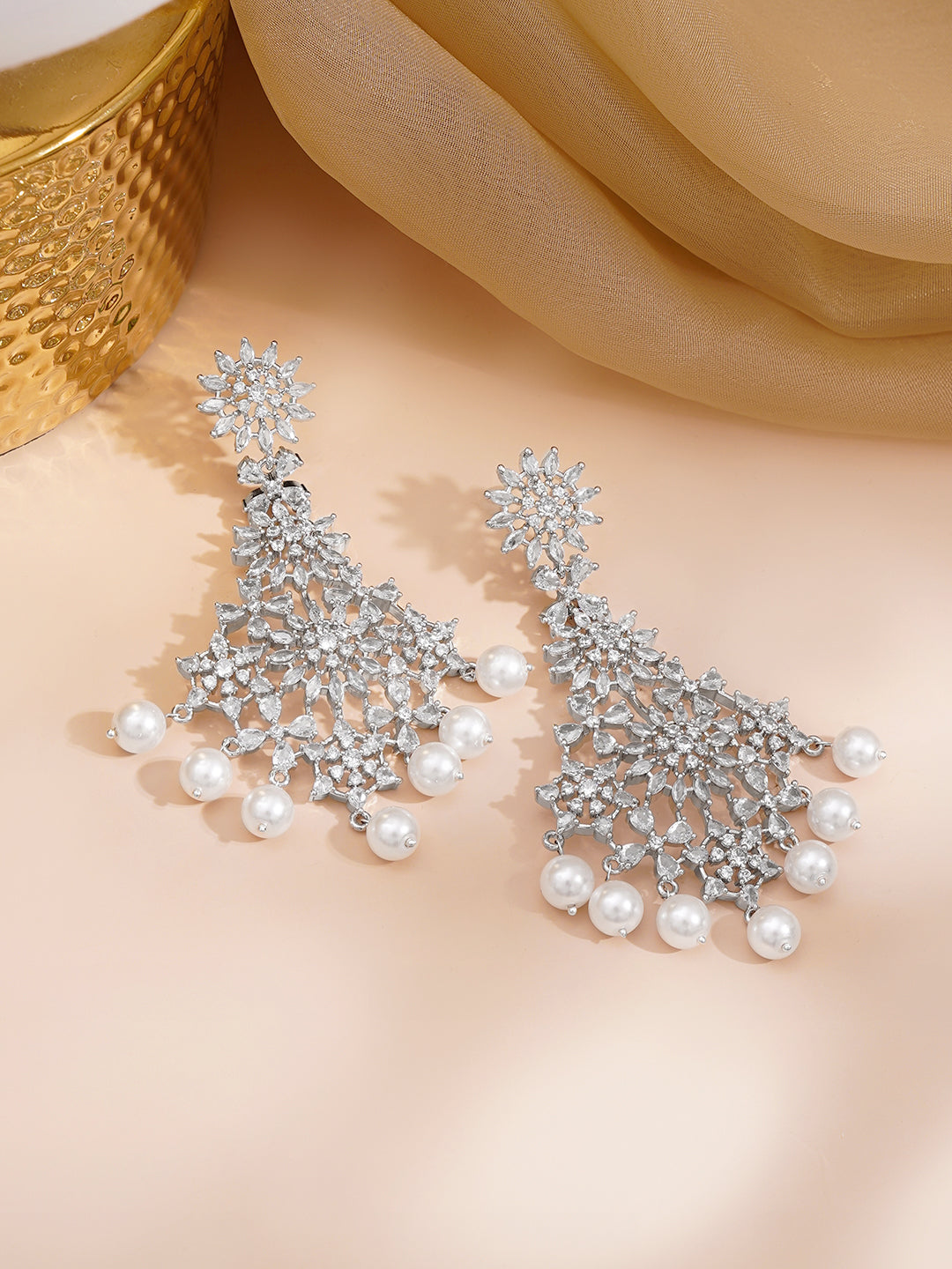 Crystal Bloom Pearl Chandelier Earrings Length - 9 cm