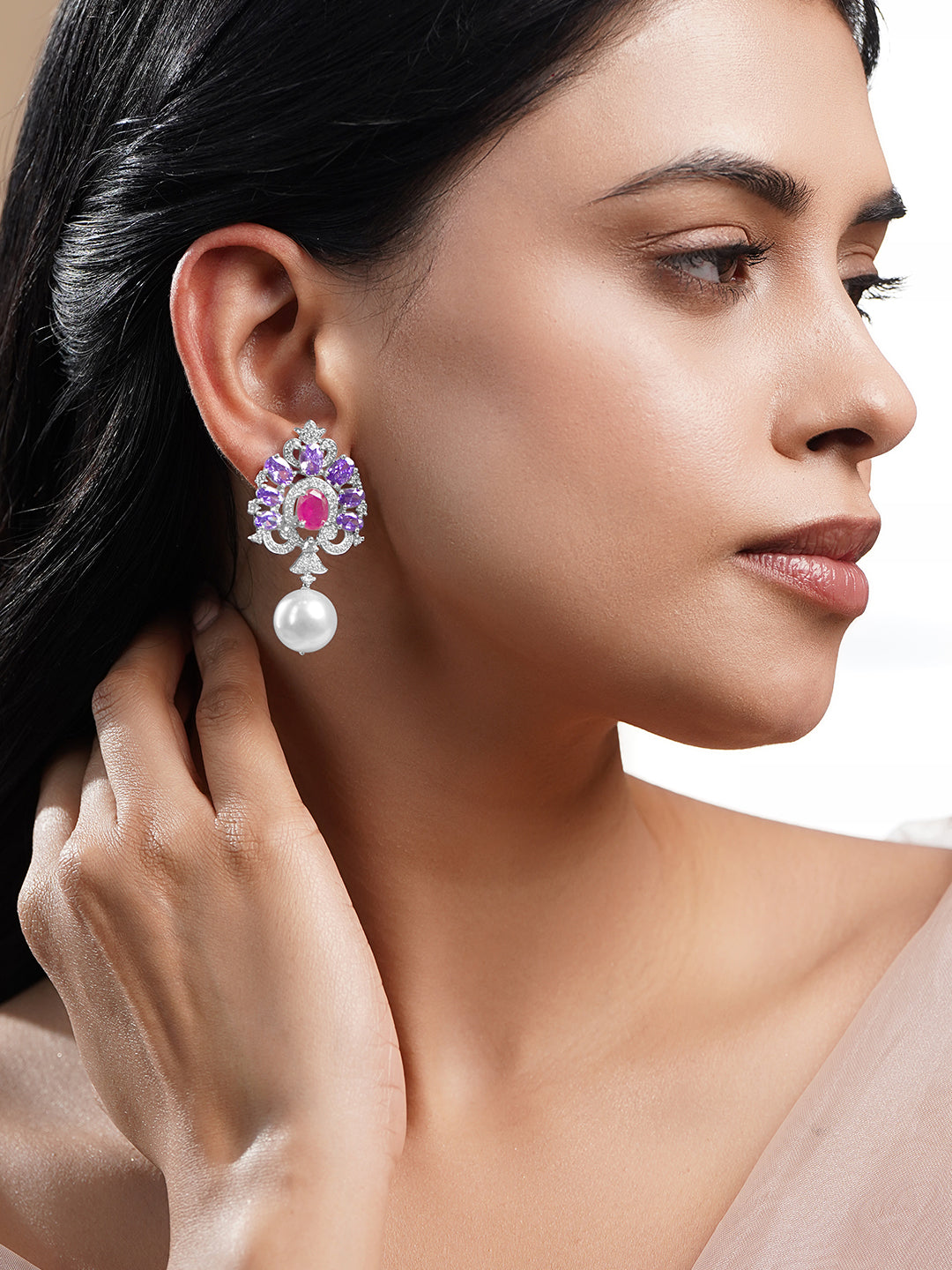 Crystal Bloom Pearl Drop Earrings Length - 5 cm